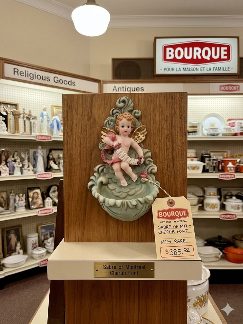 Vintage SABRE OF MONTREAL 🇨🇦 Cherub Angel Holy Water Wall Font
